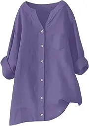 [Generic] Womens Linen Shirts Button Down V Neck Rolled Up Long Sleeve Cotton Tops Elegant Dressy Blouse Business Casual Outfits