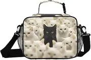 Insulated Lunch Box Cat Black White for Women Men - Ideal for Work, Picnics - Includes Adjustable Shoulder Strap