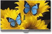 [LKHDS] Slim Aluminum Alloy Business Card Holder Yellow Sunflowers with Blue Butterflies Pocket Business Card Case Portable Business Card Wallet Business Card Holders Handheld Card Box for Women Men