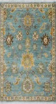 4x6 Handmade Light Blue Contemporary Turkish Oushak Rug | Gold Accent