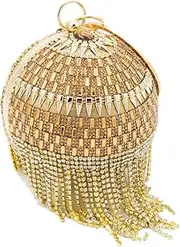 [Boutique De FGG] Dazzling Crystal Tassel Women Evening Bag Round Wedding Cocktail Wristlets Handbag Purse