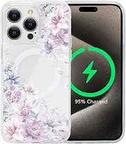 Magnetic Clear Flower Case for iPhone 15 Pro Max, Compatible with MagSafe, Floral Pattern Transparent Shockproof PC Back Soft TPU Slim Thin Cover for Girls Women iPhone 15 Pro Max 6.7'' - Hydrangea