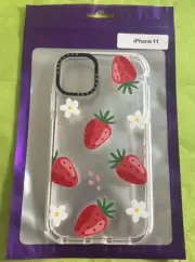 iPhone 11 Case Clear Strawberry Floral Design- Silicone Bumper/Shockproof