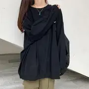 Long-Sleeve Plain Crew Neck Loose Fit T-Shirt Black - M