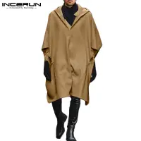 在飛比找蝦皮商城優惠-INCERUN 男士時尚羊毛蝙蝠袖純色寬鬆連帽斗篷大衣