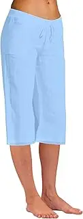 Cotton Linen Capri Pants for Women Wide Leg Drawstring Cropped Pants Lightweight Comfy Baggy Trousers with Pockets