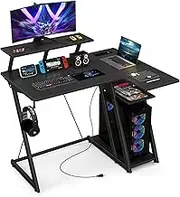 Costway Computer Desk w/Built-in Charge Station, Metal Frame Gaming Desk w/Monitor Shelf, Home Office Desk PC Desk w/CPU Stand & Earphone Hook, Modern Writing Desk Workstation Table for Study (Black)