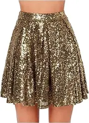 [Generic] Sequin Skirt Women's Gold Glitter Pleated Skirt Shiny Metallic Pleated Skirt Rave Party Sequin Skirt Mini Skater Skirt Carnival Glitter Skirt Costume, Gold, M