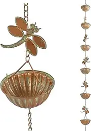 Iron Dragonfly & Cups Rain Chains, 8.5 Ft Replacement Downspout for Gutters, Patina Copper