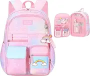 [Biniveil] Rainbow Backpack - Elementary School Bag Rainbow Color - Lightweight Water Resistant Rainbow Backpacks with Shoulder Strap for Teen Girls School Bookbags, Pink, l
