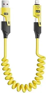 4 in 1 Spring Fast Charging Cable, 65W USB-C PD Multi Fast Charging Cable, Coiled Retractable Charging Cable for iPhone Samsung Laptop (Yellow)