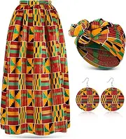 [Haysandy] 3 Pcs Women African Printed Maxi Skirt with Pockets Set Casual Stretch Head Wrap Scarf Drop Dangle Earrings