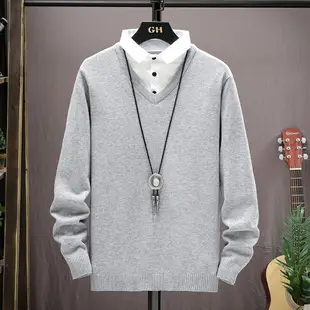 假兩件毛衣男韓版襯衣領針織衫秋冬季男士襯衫領打底衫兩件套線衣