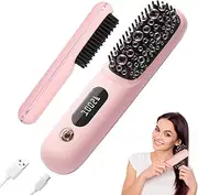 Portable Cordless Hair Straightener Brush for Travel,Mini Hair Straightener Comb with Negative Ion,Mini Brush,Rechargeable 3 Temp-Setting,Pink