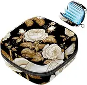 Period Bag,Sanitary Napkin Storage Bag,White Rose Flower Golden Leaves,Tampon Holder for Purse