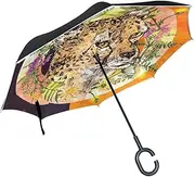 Double Layer Inverted Umbrella Cars Reverse Umbrella Tropical Cheetah Boho Style Windproof UV Proof Travel Outdoor Umbrella