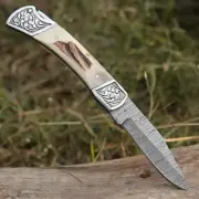 Handmade Folding Pocket Knife Hand Engraved Damascus Folding Knife with Sheath
