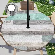 Farmhouse Round Outdoor Fitted Tablecloth with Umbrella Hole Waterproof Patio Table Covers Zippered Wipeable Round Table Cloth for Picnic,Patio,Garden (Wood Green, 36" - 44")