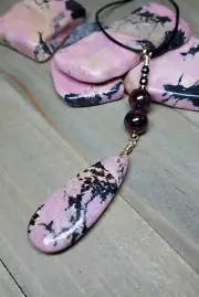 Rhodonite Pendant With Garnet Pink Black Teardrop Gold Wire Beaded Gemstones