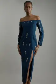 Petite Crystal Embellished Corset Detail Bardot Woven Midaxi Dress