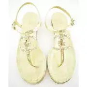 Chanel 20C Gold Laminated Lamb Pearl CC Logo Mule Strap Thong Sandal Flat 35.5C