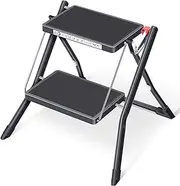 KINGRACK Folding Step Ladder, 2 Step Ladder, Folding Ladder with Non-Slip Rubber Mat, Step Stool with Release Button, Lightweight Steel, Holds up to 150 kg, Black