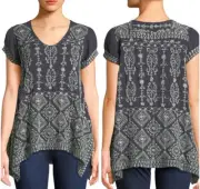 NWT Johnny Was Embroidered Kyuss Scarf Hemline 100% Cupro Rayon Tunic Blouse Med