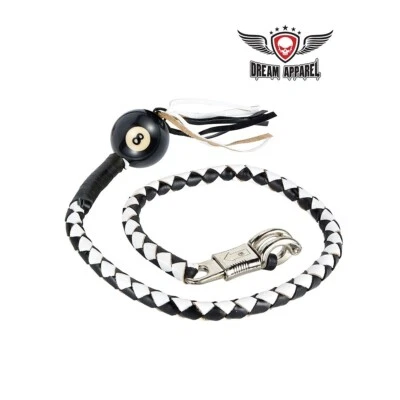 42 Inches Black/White Leather Hand-Braided Biker Get Back Whip W/ 8 Pool Ball