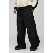 Mens Black Extreme Wide Leg Carpenter Stitching Detail Joggers