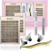 Feoffey False Eyelashes Kit - Vegan & Cruelty-Free Cluster Lashes 8-18mm | PBT Fiber Extensions, Hypoallergenic, 7-Day Wear (Includes Eyelash Glue, Remover, Tweezers) (Black-Volume)