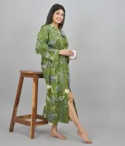 Green Animal Print Cotton Kimono Robe Dressing Gown, Block Print Bridesmaid Robe