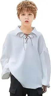 [Yaolzeku] Cotton Kids Pirate Shirt, V-Neck Boys Pirate Shirt with Lace Up, Loose Shape Girls Pirate Shirt with Elastic Cuffs
