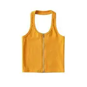 Halter Zip-Up Open Back Ribbed Plain Crop Top Yellow - M