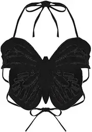 [Generic] Women's Y2k Denim Butterfly Crop Tank Top Sexy Halter Jean Tube Vest Backless Lace Up Cami Camisole Rave Outfit