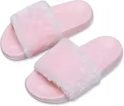 [Spesoul] JINKUNL Womens Furry Slippers Open Toe Indoor Outdoor House Casual Flat Slides Sandals