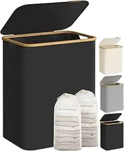 SONGMICS Laundry Hamper with Lid, 2-Section Large Laundry Basket, 34.3-gallon (130L), Removable Mesh Liner, Bamboo Handles, Collapsible, 20.5 x 15.2 x 27.8 Inches, Ink Black ULCB513B01