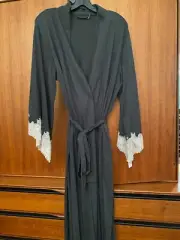 Natori LUXE Shangri-la Robe w/Lace Modal Blend 3/4 Slv Dark Gray Clr X-Large NWT