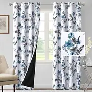 Smarcute 100% Blackout Curtains 213cm Drop 2 Panels Set Cattleya Floral Printed Blockout Light Leah Floral Thermal Curtains for Bedroom with Black Liner Sound Proof Curtains, Grey and Blue