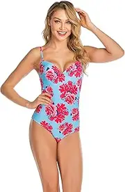 [HHZY] Womens One Piece Swimsuits V Neck Rose Leaf Print Halter Padded Bathing Suits Sexy Strappy Tummy Control Monokini High Waist Swimwear,Red,L