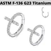 G23 Solid Titanium 16G 5/16" Paved CZ Cross Nose Ear Hinged Segment Clicker Ring