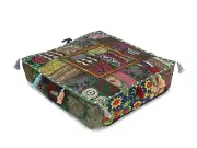 16" Indian Green Handmade Patchwork Home Decorative Floor Square Cushion Cover
