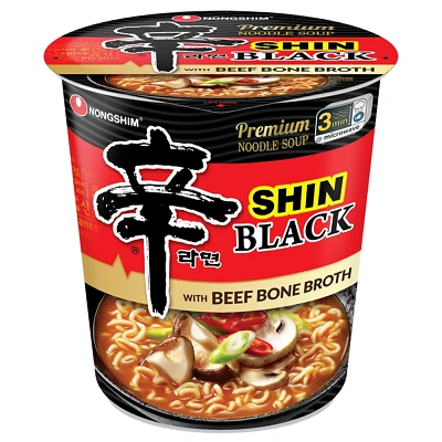 Premium Shin Black Instant Ramen Noodle Cup, 6 Pack, Bold & Spicy, Beef Bone Bro