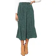 Nevenka Womens High Waist Skirt Polka Dot Pleated Midi Maxi Swing Skirt High Elastic-Green-0387