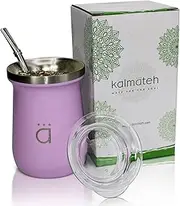 Kalmateh New Yerba Mate Gourd - Double Walled 18/8 Stainless Steel Mate Cup- Includes Bombilla Straw and a Cleaning Brush-10oz (Pink)