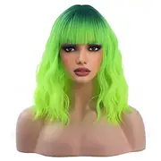 Ombre Green Wigs for Women 14 Inches Short Wavy Neon Green Wig With Bangs Fluorescent Green Short Wigs for Cosplay Party Daily Wigs Wig Cap Included Christmas