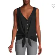 Sanctuary Tie Front Tank Top Womens Medium Black Button V-Neck Casual Tee