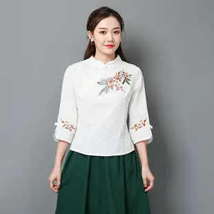 春夏新款民族風刺繡中國風復古改良旗袍領中袖上衣女裝