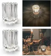 Crystal Circular Candle Holders，Small Glass Candlestick Holders, Clear Glass Candle Holders Bulk for Table Centerpiece,Wedding,Valentines Day, Party, Windowsill, Festival（2 PCS） (67 * 67 * 75)