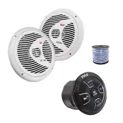 Pyle 4-Channel Marine Bluetooth Controller, 2x 8'' 180W Speaker (White) w/Wire