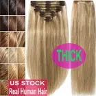 Thick Double Weft Clip In Real Remy Human Hair Extensions Full Head Highlight US